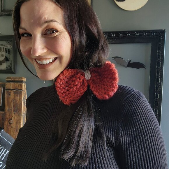 Knit Hair Bow, Handknitted Rust Orange Ponytail Holder or Hair Band, "Foxtail" - Picture 1 of 9